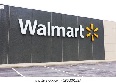 Hagerstown, Maryland -  USA - February 14 2021: Walmart big sign at supermarket's outside wall.