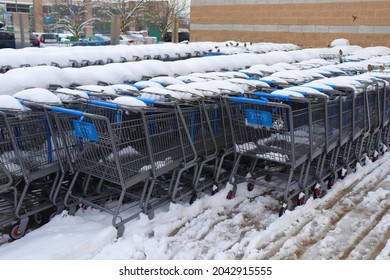 Hagerstown, Maryland, USA - February 4 2021: Walmart Food Carts During Winter.