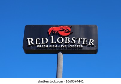 Hagerstown, Maryland / USA - March 1 2020: Red Lobster Casual Dining Restaurant. Fresh Fish - Live Lobster.