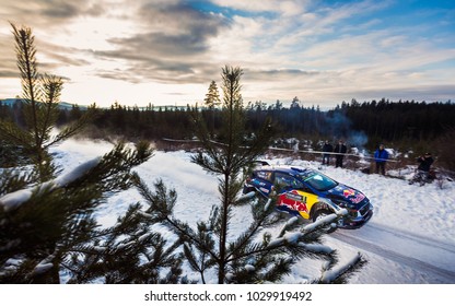 HAGFORS, SWEDEN - 02-11-2017:  Sebastien Ogier With His  Ford Fiesta WRC Car During The Event Rally Sweden 2017