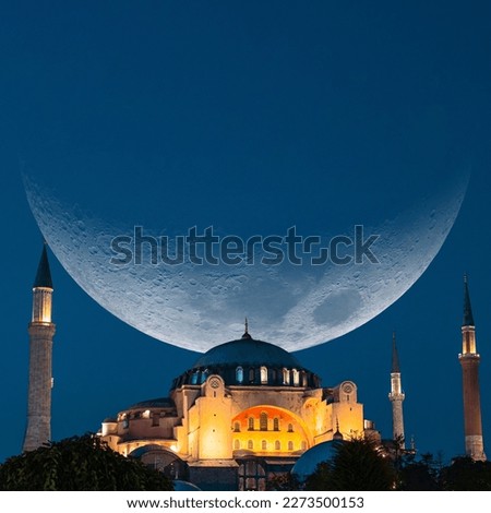 Hagia Sophia or Ayasofya Mosque with crescent moon. Ramadan concept photo. Islamic or kadir gecesi or laylat al-qadr background photo.