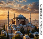 The Hagia Sophia, Istanbul, with its massive dome and minarets standing tall under a sunset sky.