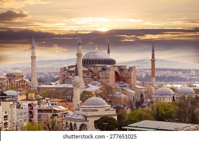 Hagia Sophia in Istanbul. The world famous monument of Byzantine architecture. View of the St. Sophia Cathedral at sunset.