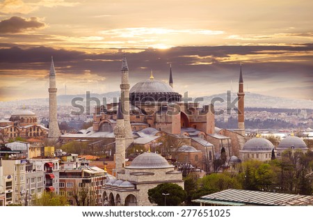 Hagia Sophia in Istanbul. The world famous monument of Byzantine architecture. View of the St. Sophia Cathedral at sunset.