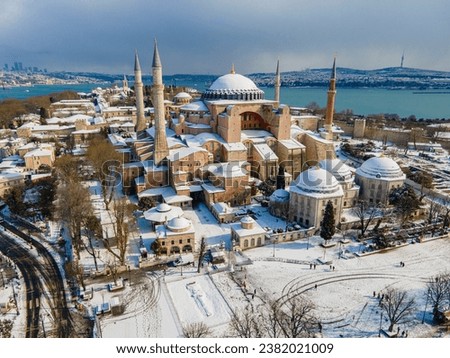 Hagia Sophia Mosque (Ayasofya Camii) in the Winter Season Drone Photo, Sultanahmet Square Eminonu, Istanbul Turkey (Turkiye)