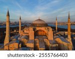 Hagia Sophia Mosquec(Ayasofya Cami) in the Sunset Lights Drone Photo, Sultanahmet Square Fatih, Istanbul Turkiye (Turkey)