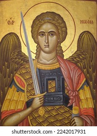 Hagiography on old wood. Icon of Archangel Michael