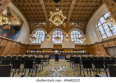 THE HAGUE, 11 August 2017, Center View Of The Empty International Court Of Justice Great Hall Of Justice Courtroom With Judges Bench, Lawyers And Audience Chair Settings, Before Holding A Hearing