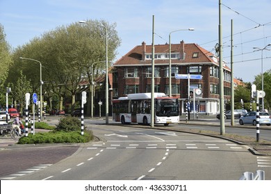 The Hague (Den Haag), The Netherlands - May 08, 2015. Tne HTM Buzz Bus Running Along The Segregation Of Kon. Julianlaan