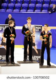 THE HAGUE - FEB 23: Brian Joubert Of France And Other Medalists On Podium During Victory Ceremony At The Challenge Cup, Figure Skating Competition, Held February 23, 2013 In The Hague, The Netherlands