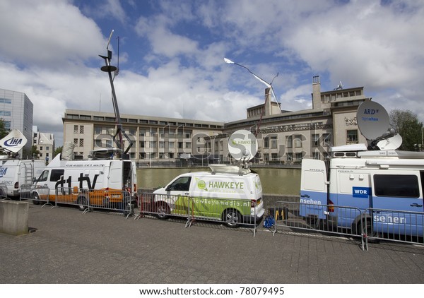 THE HAGUE, HOLLAND - MAY 27:  TV crews wait\
for the arrival of Serbian ex-general Mladic at Scheveningen prison\
near The Hague, Holland on May 27,\
2011.
