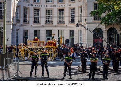 THE HAGUE, HOLLAND - SEPTEMBER 20, 2022: The Glass Coach Guarded By The Police On Prinsjesdag.