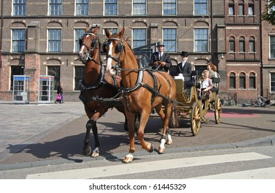 THE HAGUE, HOLLAND - SEPTEMBER 21: Horse-drawn coach with tourists at the Binnenhof  on September 21, 2010 in The Hague, Holland.
