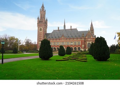 THE HAGUE, NETHERLANDS -13 NOV 2021- View Of The Landmark Peace Palace Building Housing The International Court Of Justice And Permanent Court Of Arbitration In The Hague, Netherlands.