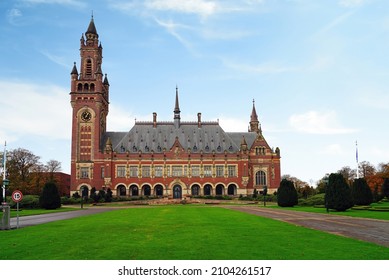 THE HAGUE, NETHERLANDS -13 NOV 2021- View Of The Landmark Peace Palace Building Housing The International Court Of Justice And Permanent Court Of Arbitration In The Hague, Netherlands.