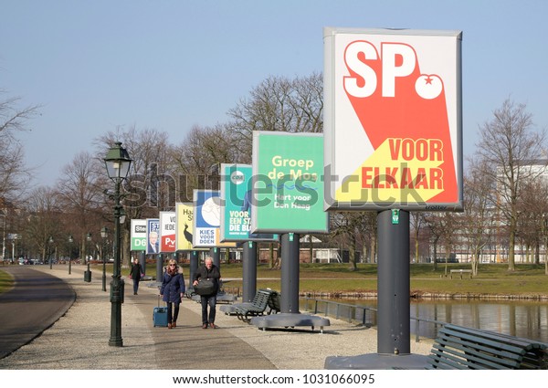 The Hague, The Netherlands - February 21, 2018:\
Billboards with candidates of local political parties for the\
elections on March 21, 2018