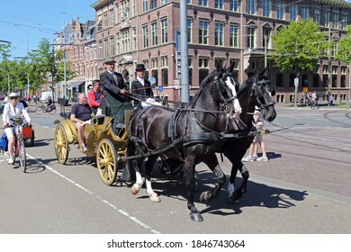 The Hague, The Netherlands - May 5, 2018: Tourists on a coach drawn by horses in a street in The Hague, The Netherlands on May 5, 2018