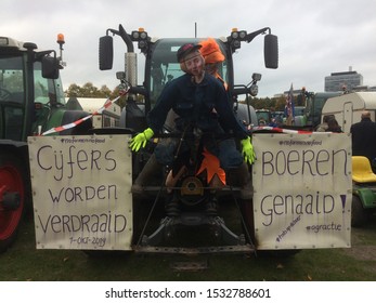 The Hague, The Netherlands -October 16 2019: Mass Farmer Protest In The Hague Against Reducing Of Livestock Numbers And Stricter Environmental Laws On C02 And Nitrogen Emissions
