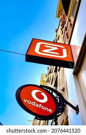 The Hague, The Netherlands - October 8 2021: Combined Name Board Sign Logo Of Dutch Telecommunications Company Merger Ziggo And Vodafone, Offering Cable TV, Internet And Telephony Services In 1 Store