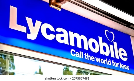 The Hague, The Netherlands - September 28 2021: LycaMobile name logo on Dutch shop, Lyca Mobile is a British mobile network operator with mobile telecommunications services, selling prepaid Sim, cards