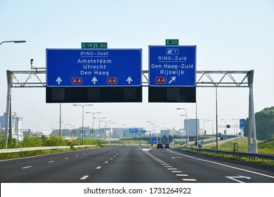 The Hague, The Netherlands-May 2020; Low Angle View On The Main Highway A4 Leading Towards Amsterdam Almost Empty During Covid-19 Lockdown