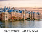 The Hague, Ridderzaal in Binnenhof with the Hofvijver lake at sunset. Meeting place of States General of the Netherlands, the Ministry. Office of the Prime Minister of Netherlands.