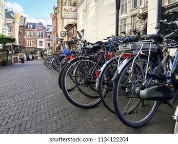 HAGUE,NETHERLANDS-25 APRIL,2018: Bicycle parking lot in the city street of Den Haag in Holland.