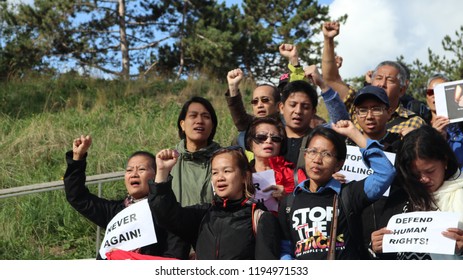 The Hague/Netherlands-September 21, 2018:  Witnesses To The International People’s Tribunal And Rights Groups Gather At The International Criminal Court (ICC) In The Hague