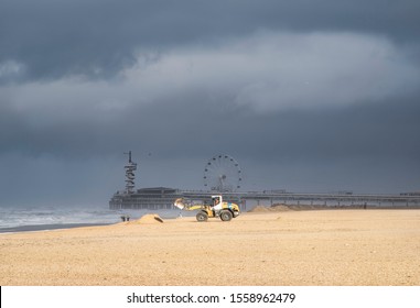 The Hague,/The Netherlands - January 18, 2018 Cleanup After The Storm As The Roads Were Blocked With Thick Layers Of Sand Blown Inland By The Storm.