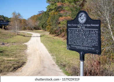 Hahira, Georgia – November 30, 2019: A bullet-riddled sign marks the spot where 21-year-old Mary Turner was brutally murdered in 1918 by a local mob after publicly denouncing her husband’s lynching.