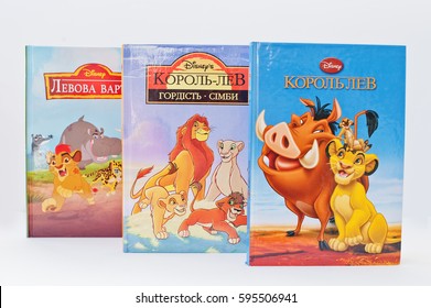 Hai, Ukraine - February 28, 2017: Animated Disney Movies Cartoon Production Book Sets Lion King On White Background.