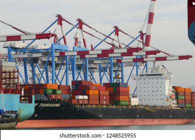Haifa, Israel - 30.11.2018 : Container ship at port (STS cranes)