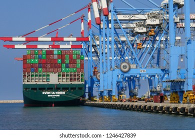 Haifa, Israel - 30.11.2018 : Container sts crane wort above ship at port  
