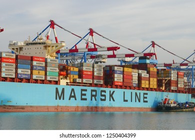 Haifa, Israel - 30.11.2018 : STS gantry cranes loading / unloading container ship