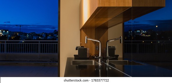 Haifa / Israel - Apr 27 2014:  Modern Light Grey  Kitchen With Island And Oak Cabinets 