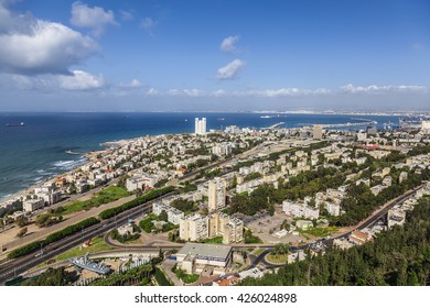 HAIFA, ISRAEL - APRIL 16, 2012: Beautiful panoramic view from Mount Carmel to cityscape and port in Haifa, Israel