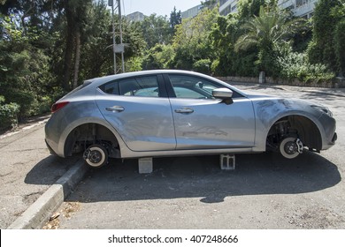 Haifa, Israel, April 4, 2016 : Car With Four Stolen Wheels