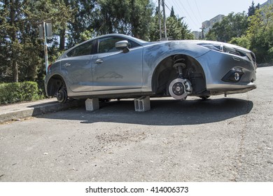 Haifa, Israel, April 4, 2016 : Car With Four Stolen Wheels