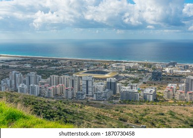 Haifa, Israel - December, 09 2020 : Panoramic View Of The Mediterranean Coast And The Sammy Ofer Stadium In Haifa.