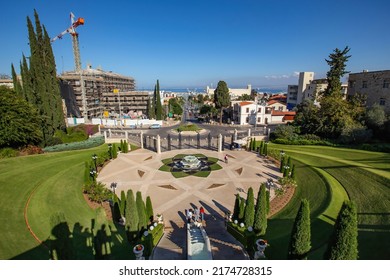 HAIFA, ISRAEL - December 2019: Bahá'í Gardens Haifa, Balcony View (Bahá’í Holy Place), Israel