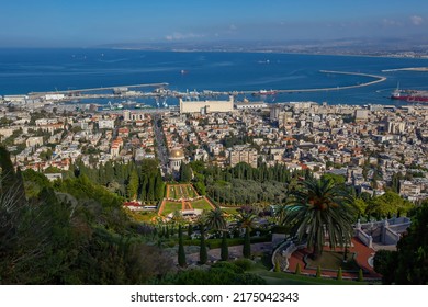 HAIFA, ISRAEL - December 2019: Bahá'í Gardens Haifa, Balcony View (Bahá’í Holy Place), Israel