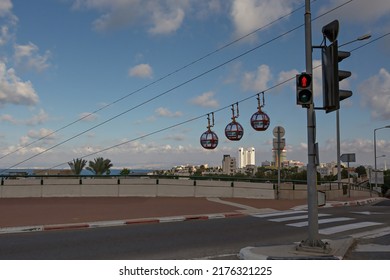 HAIFA, ISRAEL - December 2019: 
Rakevel (cable Car) In Haifa Going To The Top Viewpoint, Israel