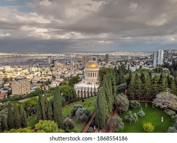 Haifa. Israel - December 6 2020: Shrine Of The Báb, Gardens And The Bay Of Haifa In The Background  