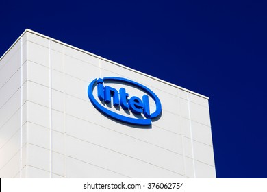 Haifa, Israel - February 12, 2016: Intel Logo On A Building, Intel Is One Of The World's Largest And Highest Valued Semiconductor Chip Makers, Based On Revenue.