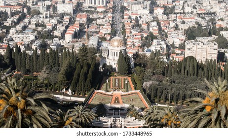 Haifa, Israel - February 17 2020 : Terraces Of The Baháʼí Faith Or The Hanging Gardens Of Haifa From The Top During A Sunny Day