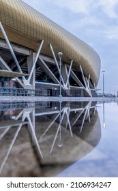 HAIFA, ISRAEL -JAN 7, 2021: Sammy Ofer Stadium, Exterior Night View Of The New Sami Ofer Soccer Stadium, New Home Base Of Maccabi Haifa Fc Football Club. 