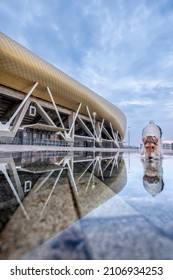 HAIFA, ISRAEL -JAN 7, 2021: Sammy Ofer Stadium, Exterior Night View Of The New Sami Ofer Soccer Stadium, New Home Base Of Maccabi Haifa Fc Football Club. 