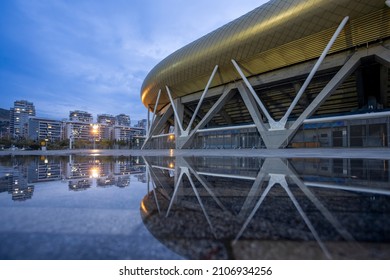 HAIFA, ISRAEL -JAN 7, 2021: Sammy Ofer Stadium, Exterior Night View Of The New Sami Ofer Soccer Stadium, New Home Base Of Maccabi Haifa Fc Football Club. 