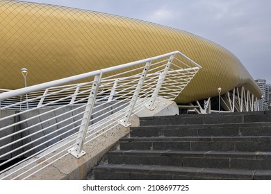 HAIFA, ISRAEL -JAN 7, 2021: Sammy Ofer Stadium, Exterior Night View Of The New Sami Ofer Soccer Stadium, New Home Base Of Maccabi Haifa Fc Football Club. 