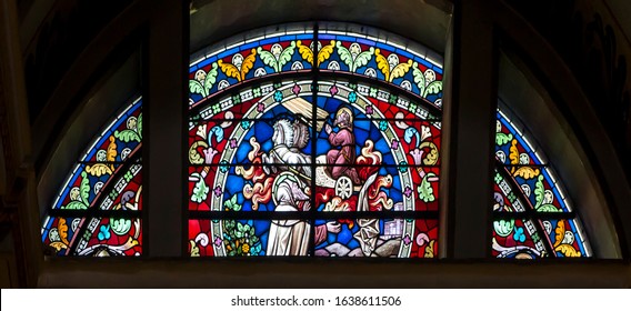 Haifa, Israel - January 26 2020: The Stella Maris Monastery. Stained glass window depicting prophet Elijah.